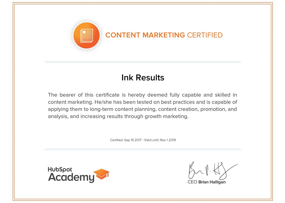 Ink Results HubSpot Content Marketing Certification